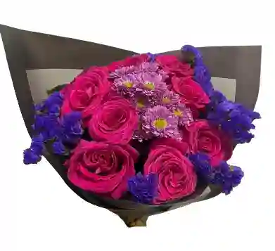 💜 Bouquet Intenso De Rosas Fucsia Y Flores Lilas
