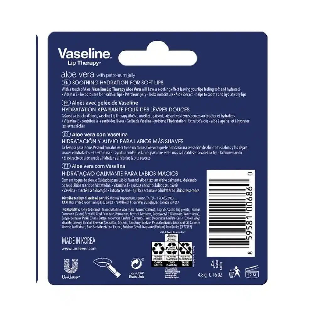 Vaseline Lip Therapy En Barra Aloe Vera 4.8g