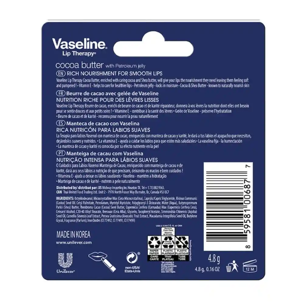 Vaseline Lip Therapy En Barra Cocoa Butter 4.8g