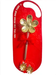 Regalo Amor Y Amistad Flor De Oro Con Lapicero De Brillantes Y Aretes Dorados