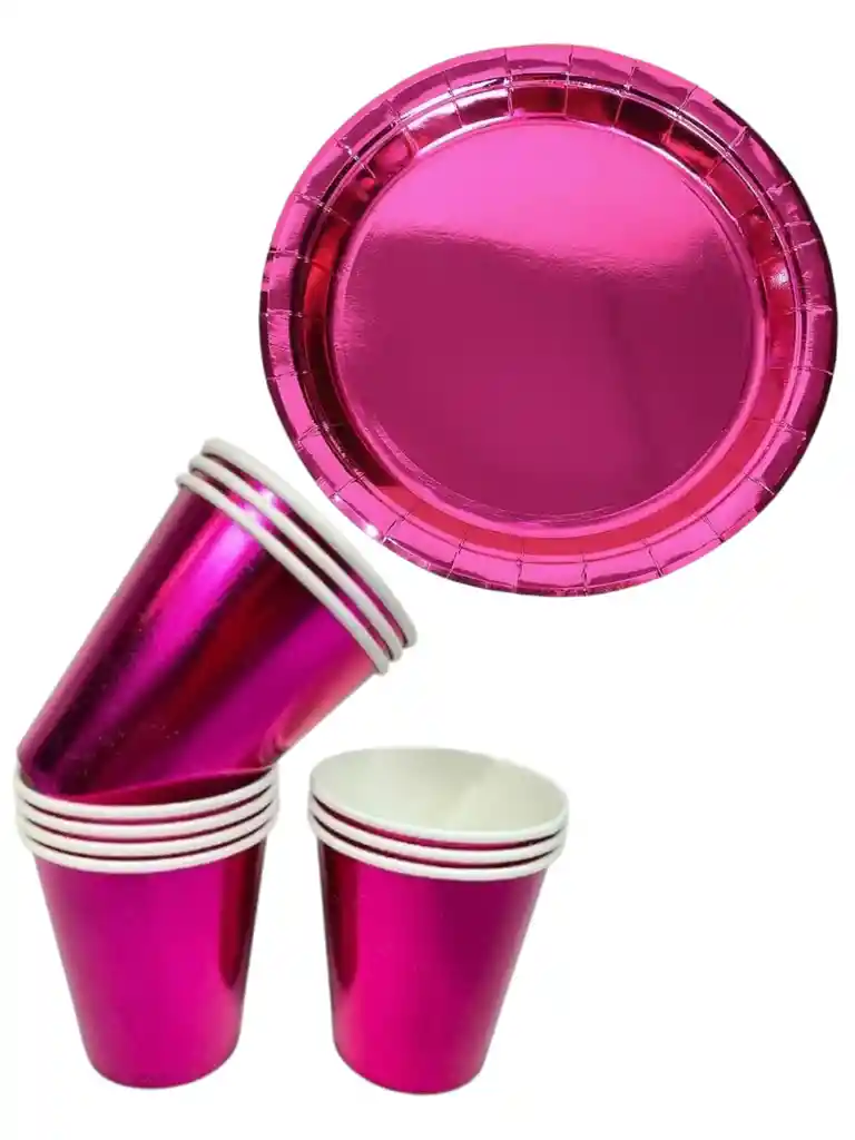 10 Platos Torta 10 Vasos Metalizados Desechables Fiesta Fucsia