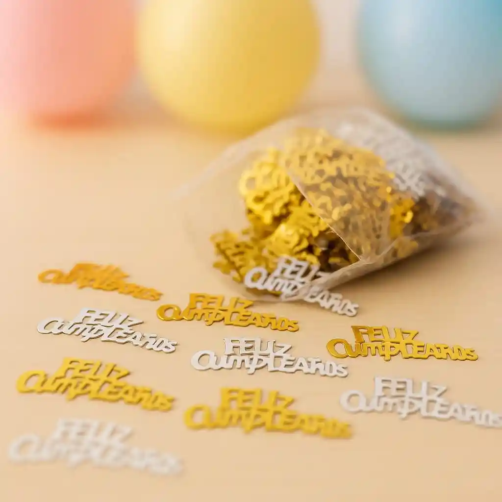 Confeti De Mesa Feliz Cumpleaños Dorado, Plateado Y Blanco