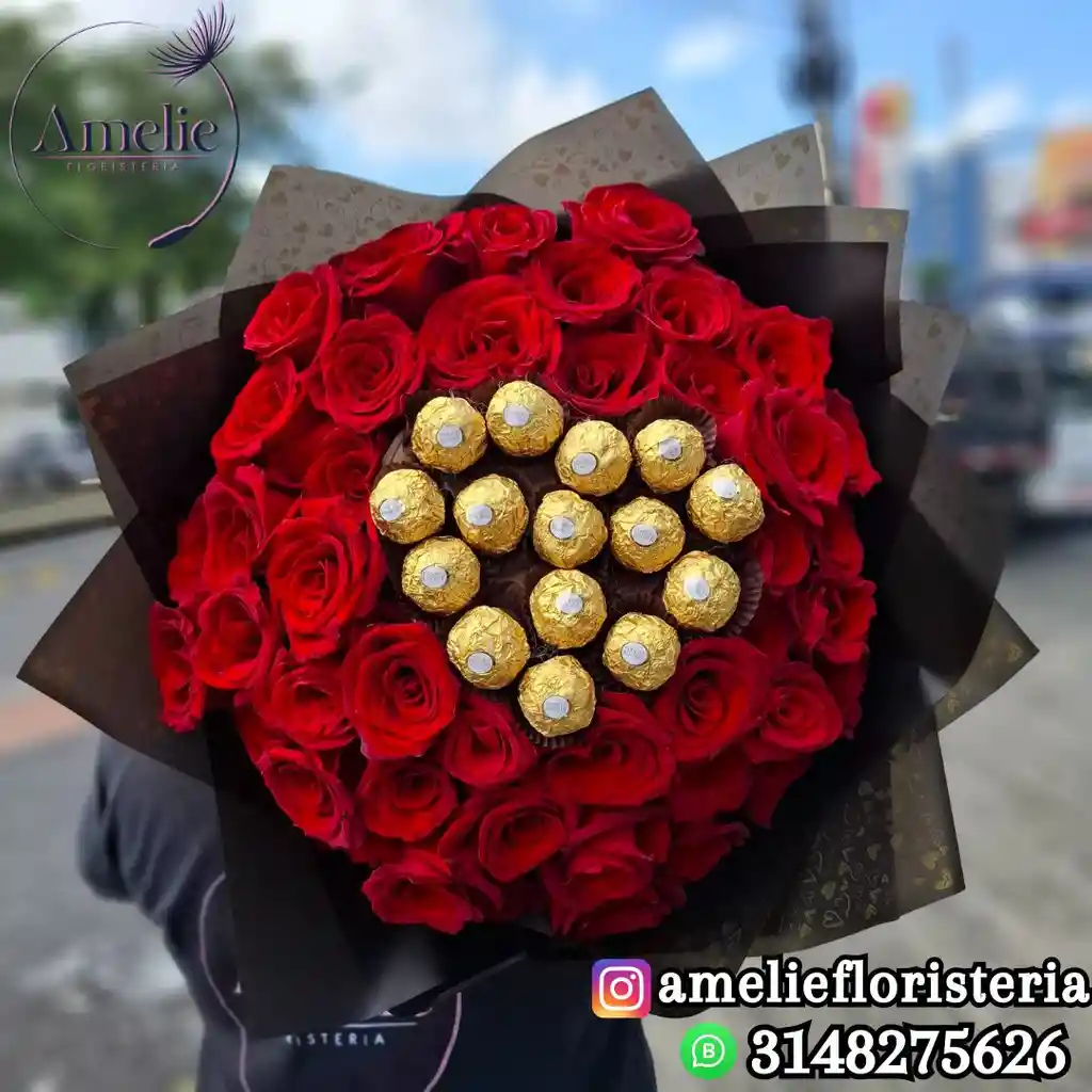 Buchon De 50 Rosas Con 15 Ferrero Rocher