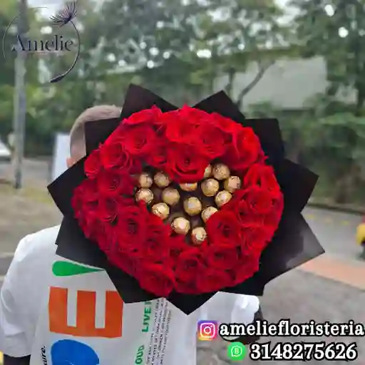 Buchon De 50 Rosas Con 15 Ferrero Rocher
