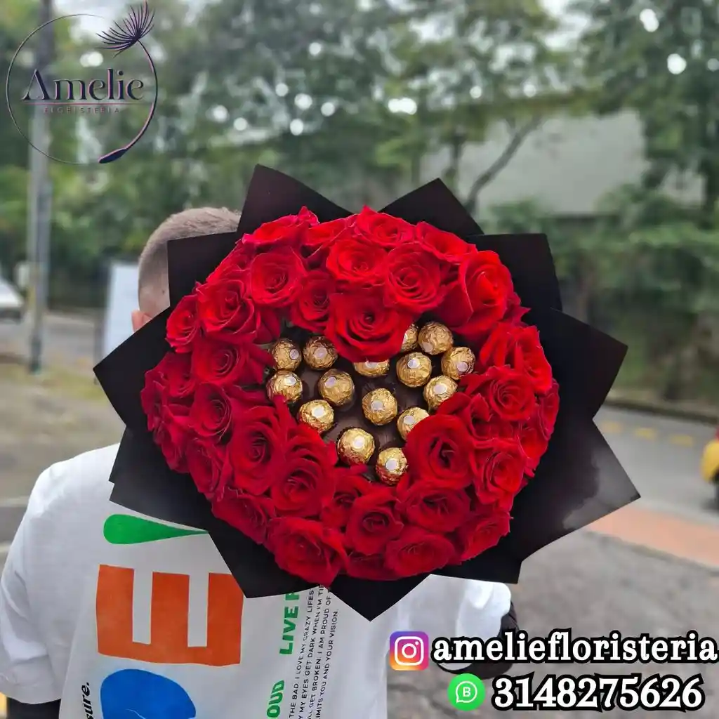 Buchon De 50 Rosas Con 15 Ferrero Rocher