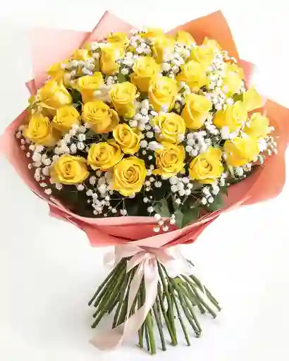 Ramo De 100 Rosas Amarillo Con Gypso Y Ruscus Resplandor