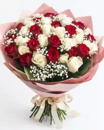 Ramo Fusión De Amor – 50 Rosas Rojas Y Blancas