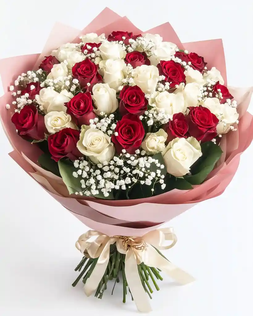 Ramo Fusión De Amor – 50 Rosas Rojas Y Blancas