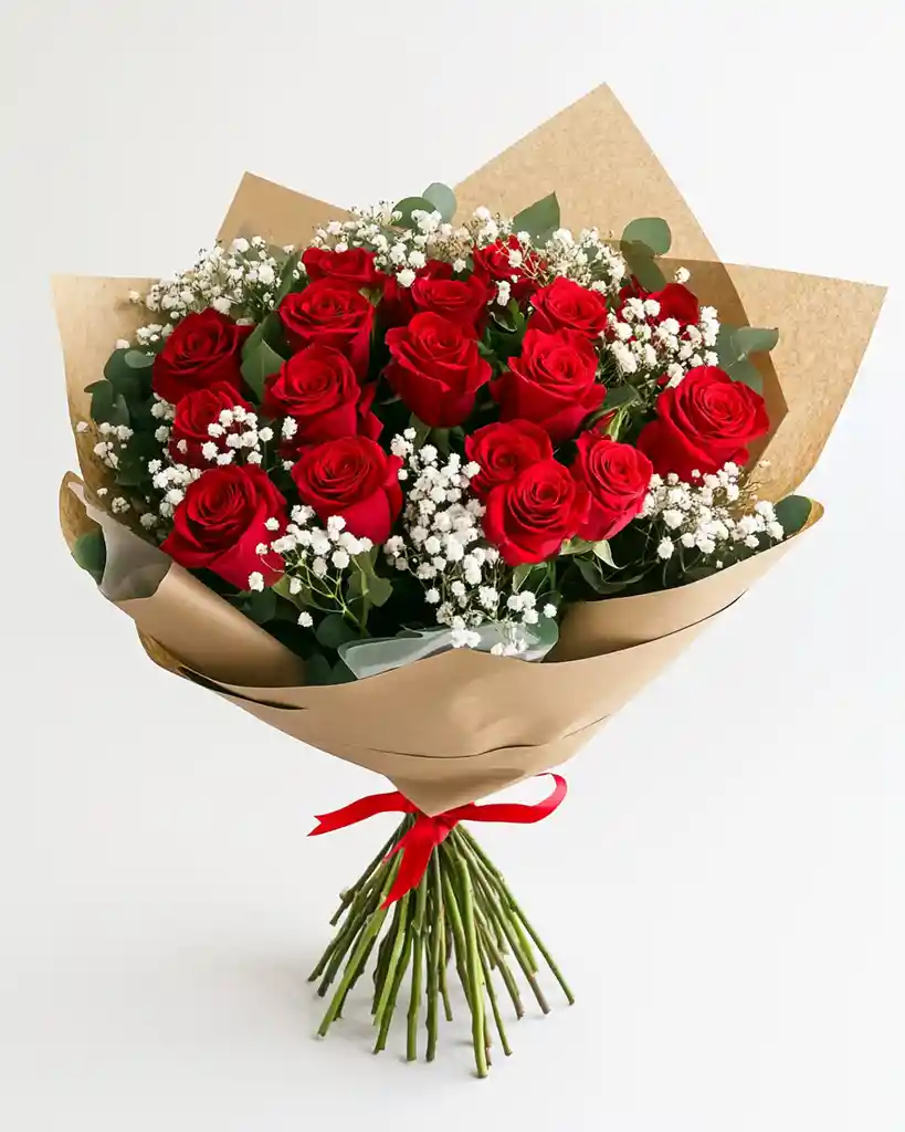 Ramo Elegante De Rosas Rojas Y Gypso – Promesa De Amor (25 Tallos)