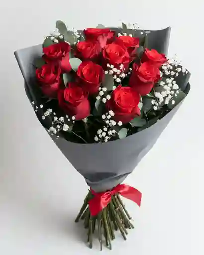 Ramo De Rosas Rojas Con Gypso – Amor Intenso (12 Tallos)
