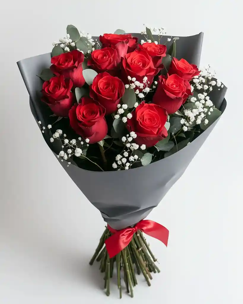 Ramo De Rosas Rojas Con Gypso – Amor Intenso (12 Tallos)