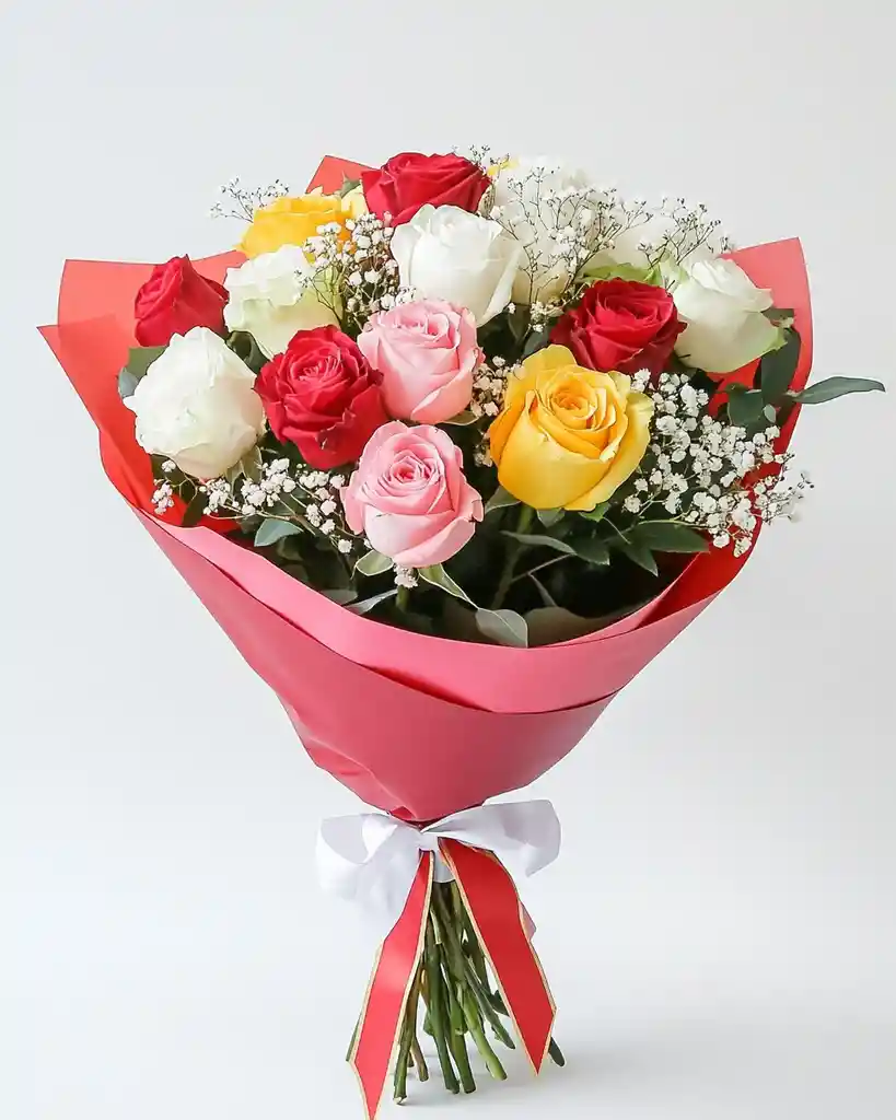 Ramo Arcoíris Floral – 12 Rosas Multicolor