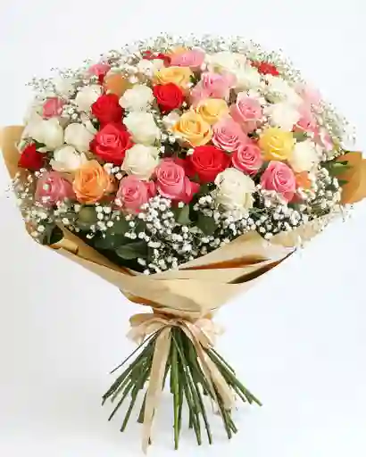 Ramo Magia Multicolor – 100 Rosas Con Gypso Y Ruscus