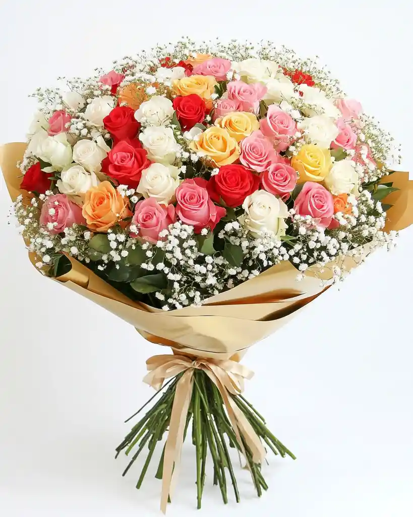 Ramo Magia Multicolor – 100 Rosas Con Gypso Y Ruscus