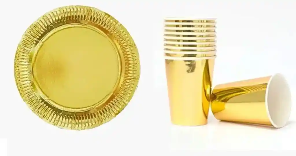 Platos Y Vasos Sutiles Metalizados X10 Ideal Para Fiestas