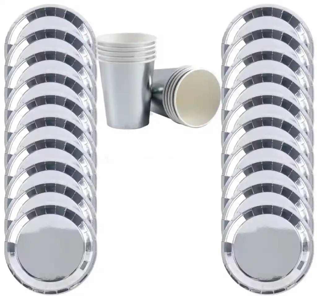 Platos Y Vasos Sutiles Metalizados X10 Ideal Para Fiestas