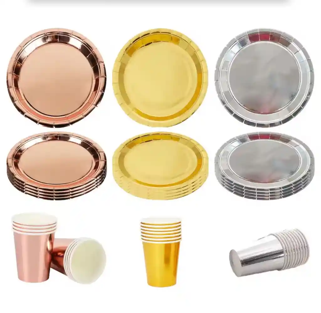Platos Y Vasos Sutiles Metalizados X10 Ideal Para Fiestas