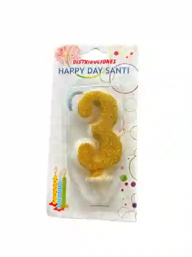 Vela Para Torta De Cumpleaños Diseño Numero Tres Color Dorado