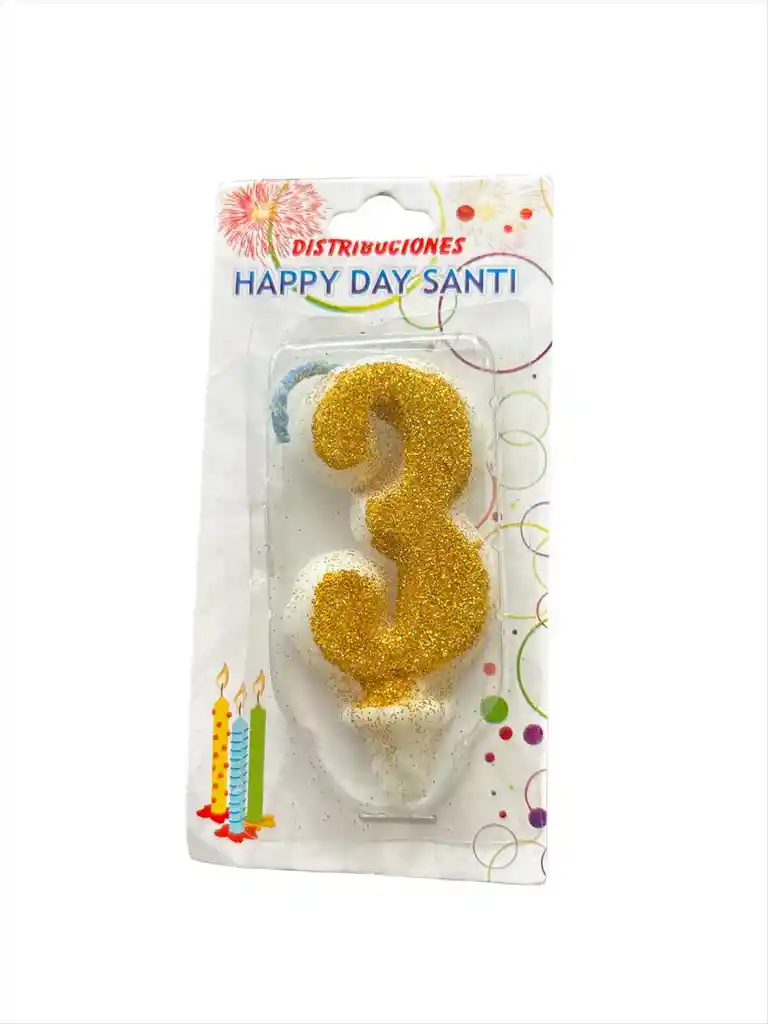 Vela Para Torta De Cumpleaños Diseño Numero Tres Color Dorado
