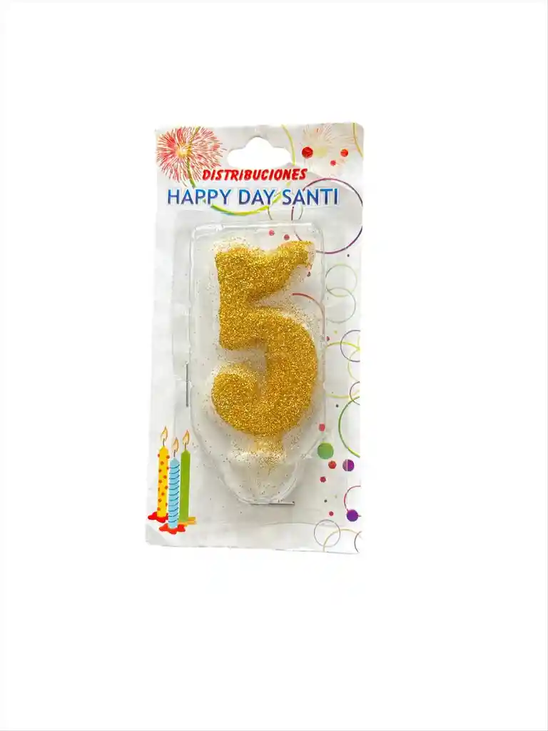 Vela Para Torta De Cumpleaños Diseño Numero Cinco Color Dorado