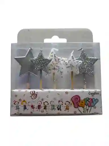Vela Para Torta De Cumpleaños Por 5 Unidades Diseño De Estrella Para Tortas Color Plateado
