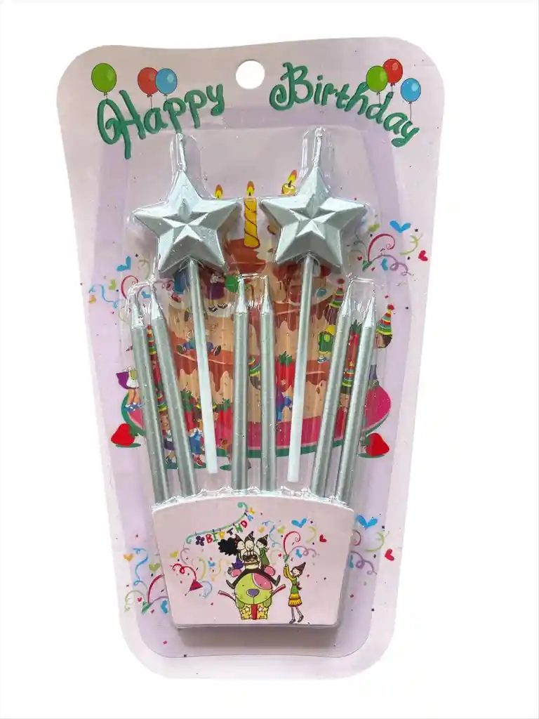 Vela Para Torta De Cumpleaños Por 8 Unidades Diseño De Estrella Para Tortas Color Plateado