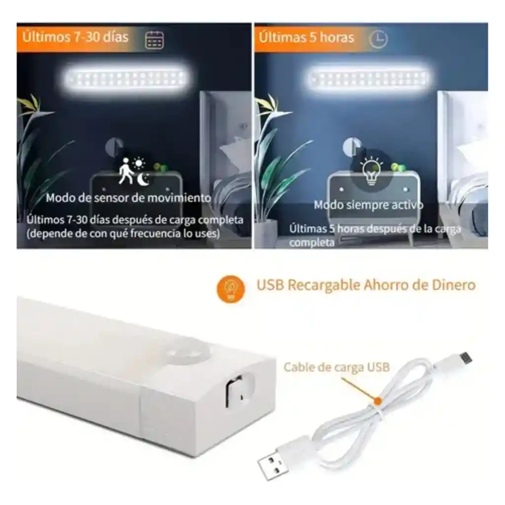 	 Tubo Lampara Luz Led Sensor De Movimiento Recargable