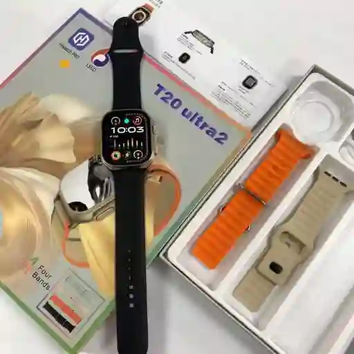 Smartwatch T20 Ultra S | Dorado | Reloj Inteligente - Carga Inalámbrica Con 4 Correas