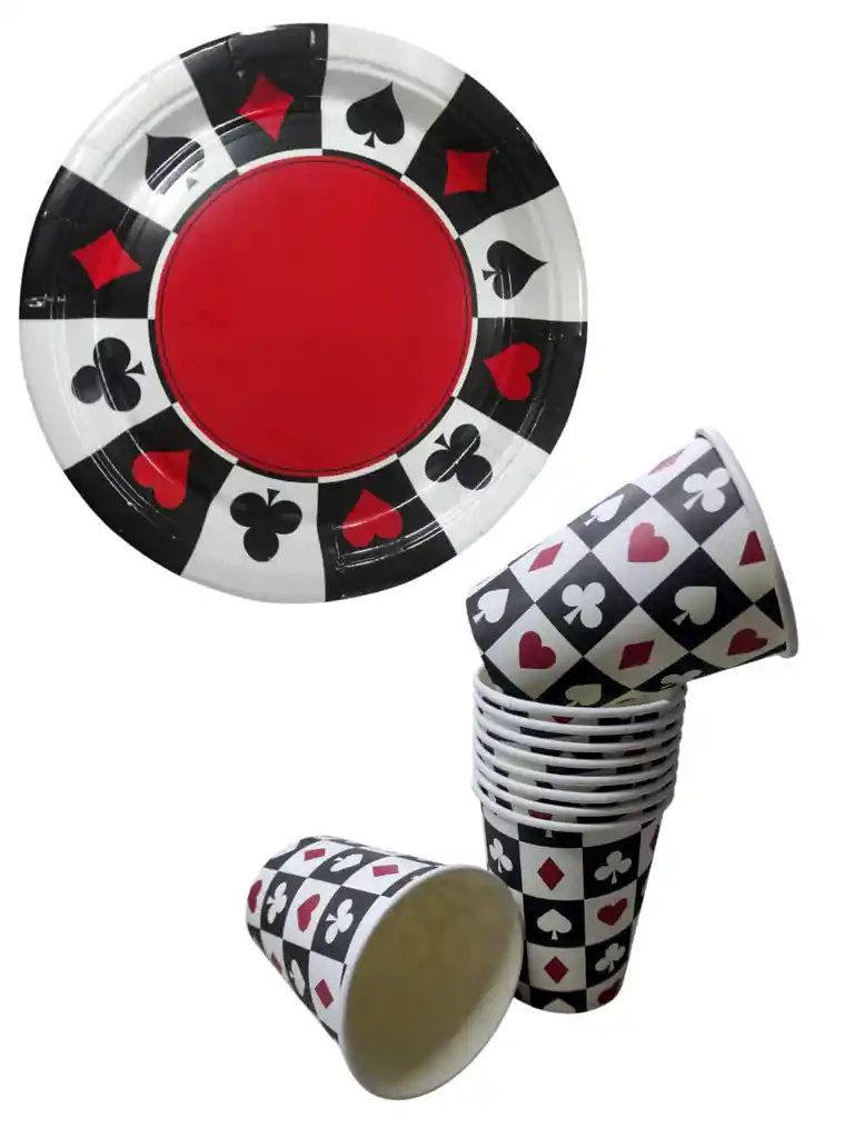 10 Platos Torta 10 Vasos Casino Poker Desechables Fiesta