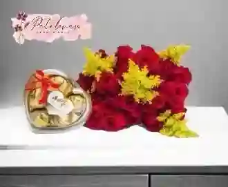 Flores Arreglo , 24 Rosas Rojas Y Chocolates Por 5 Unidades