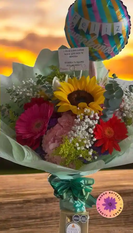 Flores Surtidas + Girasoles + Globo + Chocolates X4