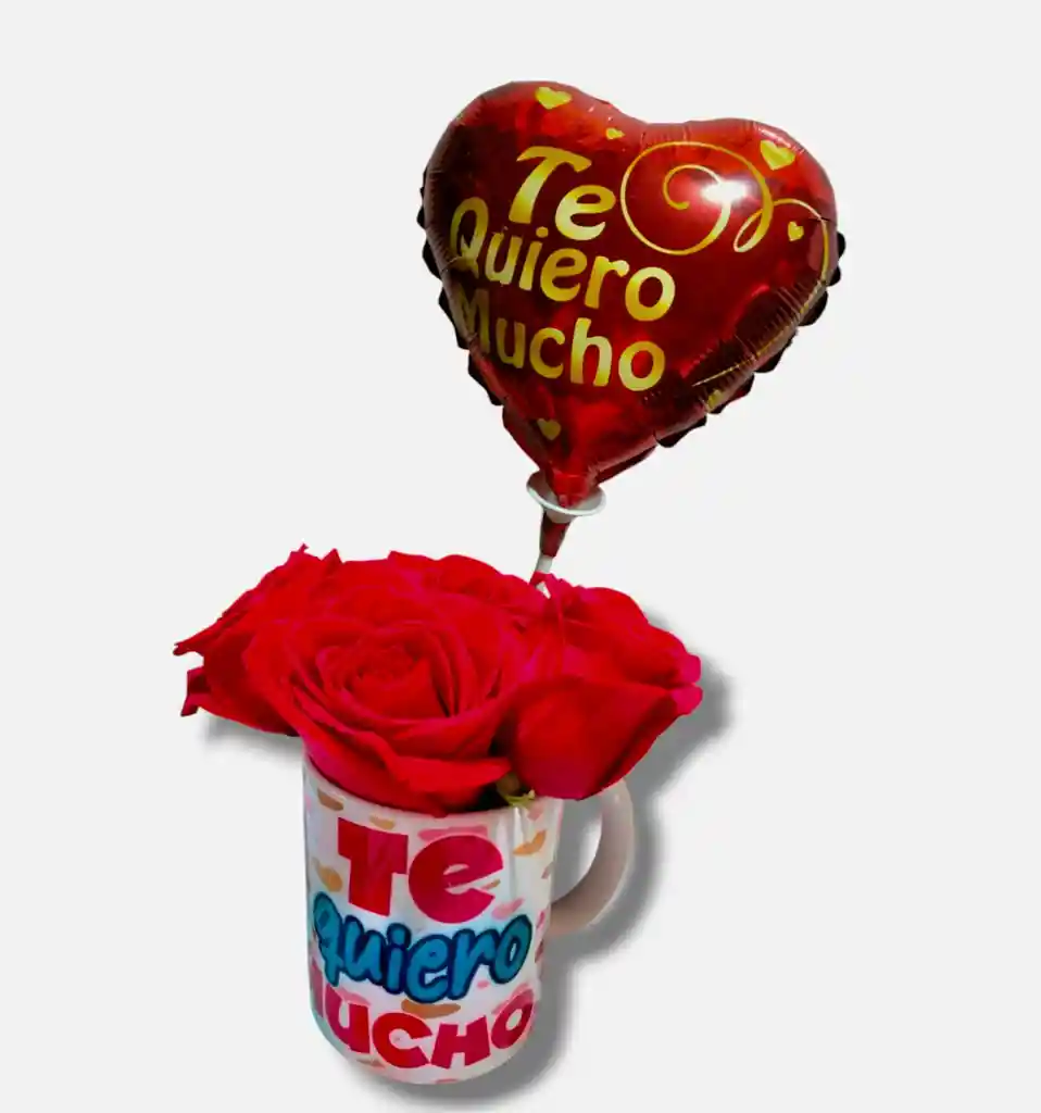 Mug De 4 Rosas Y Globo Te Quiero Mucho