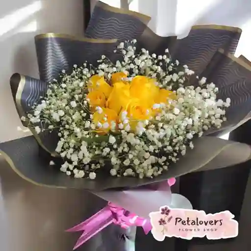 12 Rosas Amarillas Y Gypsophila