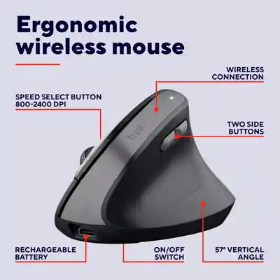Mouse Trust Bayo Ii Inalámbrico Diseño Vertical Con Batería De Litio Recargable