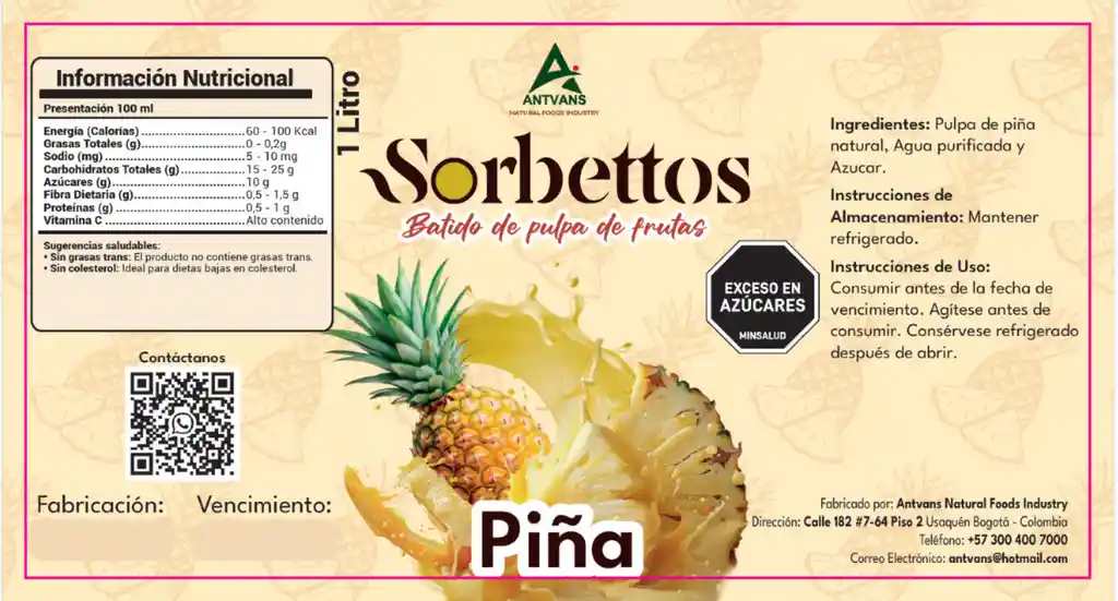 Sorbettos De Piña 1000 Ml