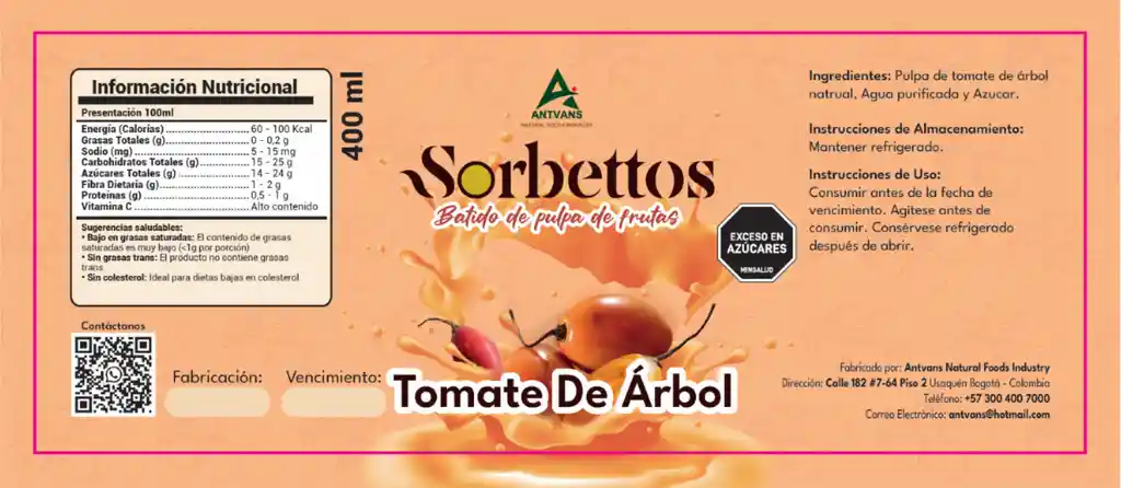 Sorbettos De Tomate De Árbol 400 Ml