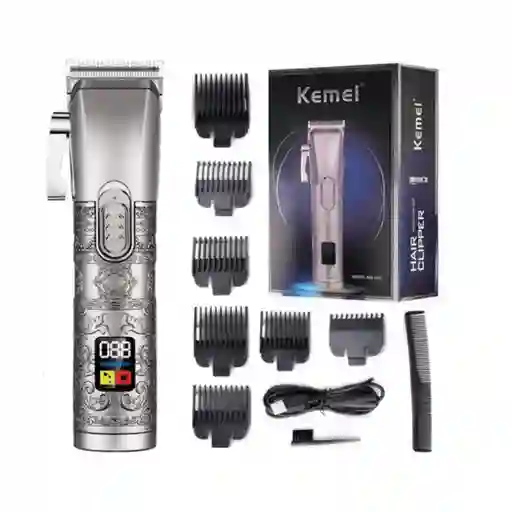 Maquina Cortadora De Cabello Kemei Km-1937 Color Plateada Con Pantalla