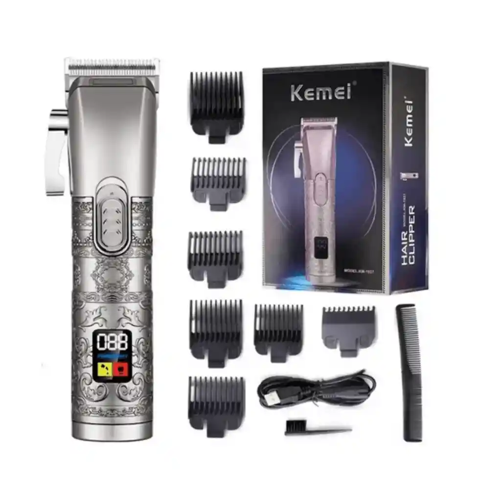 Maquina Cortadora De Cabello Kemei Km-1937 Color Plateada Con Pantalla