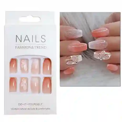 Uñas Postizas Profesionales Decoradas Medianas Gel Polish X12 Unds