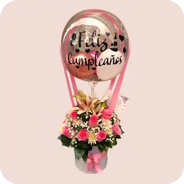 Sembrado Floral De 8 Rosas Rosadas + 2 Lirios + Globo