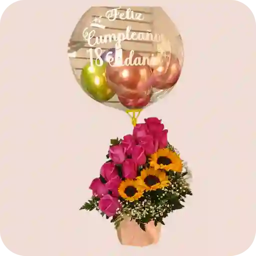 Sembrado Floral De 12 Rosas + 3 Girasoles & Globo