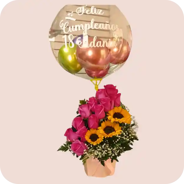 Sembrado Floral De 12 Rosas + 3 Girasoles & Globo