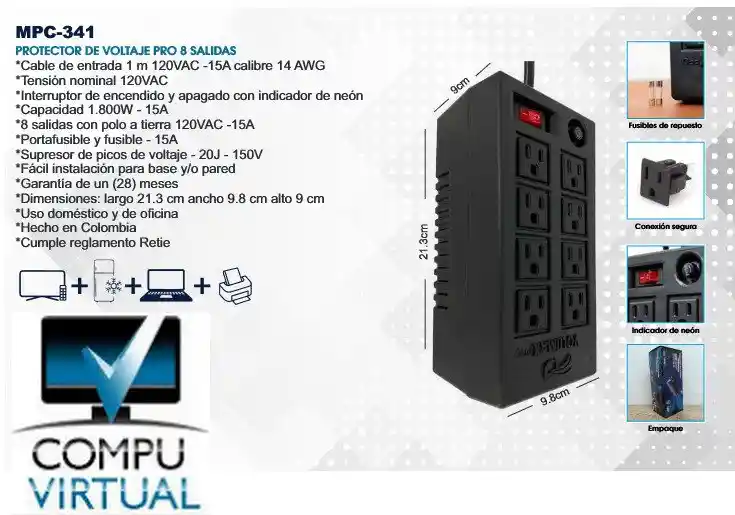 Protector De Voltaje Pro 8 Salidas Protegidas-aparatos Electronicos 1800w Reales