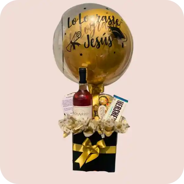 Caja Sorpresa De Vino + Chocolate Fererro Corazón + Hershey´s + Globo