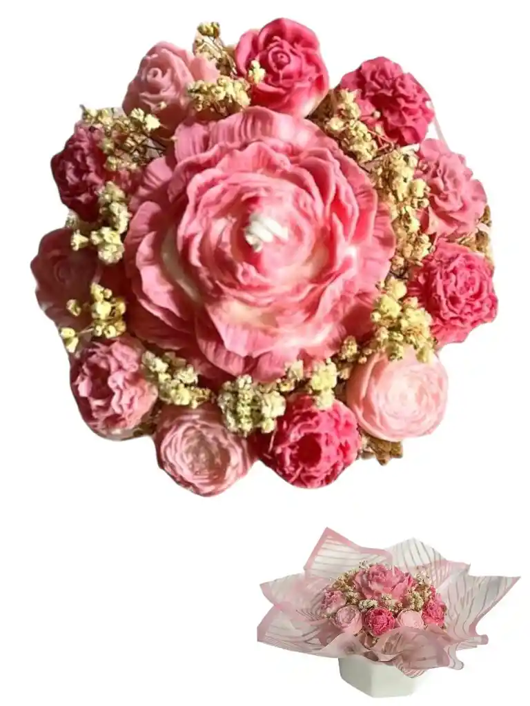 Historia De Amor - Ramo De Flores Pegonias Y Rosas En Vela - Regalos De Amor Y Amistad			