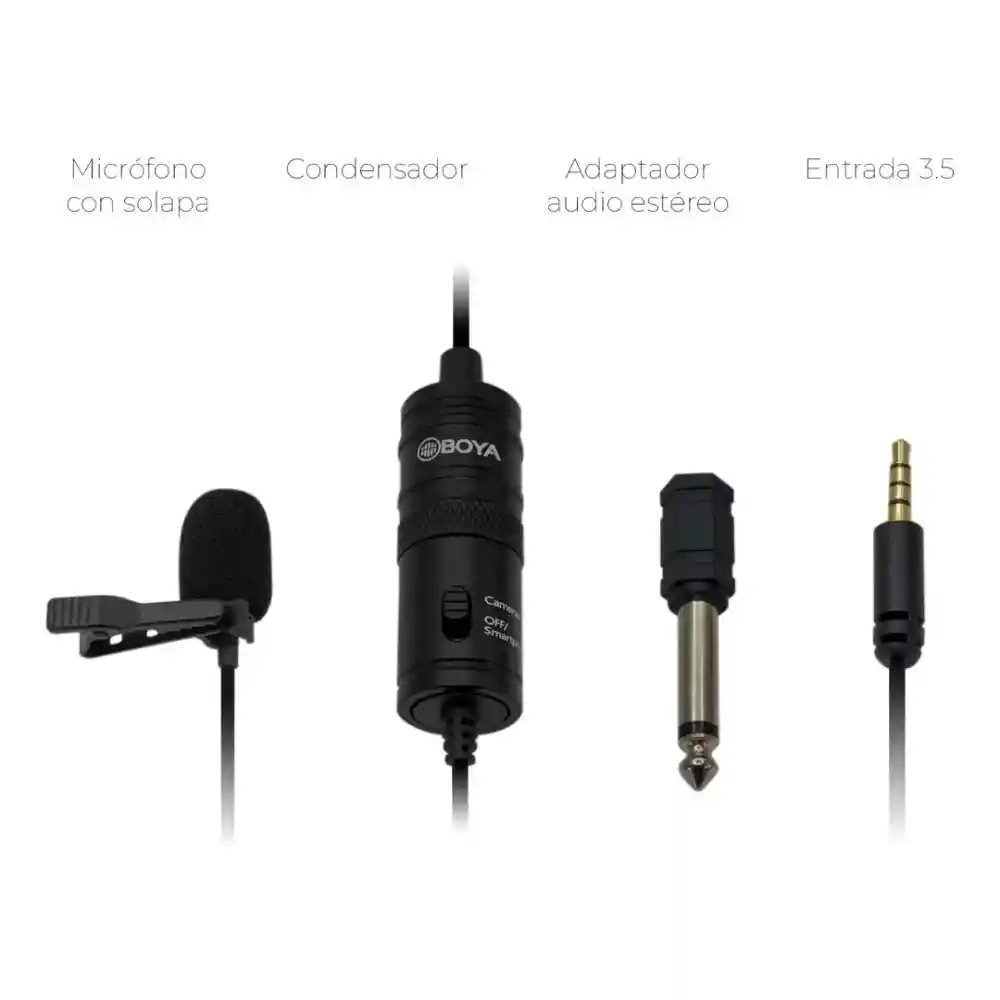 Microfono De Solapa Alambrico Boya By-m1 Entrada 3.5 Mm + Adapatador Jack 6.5 Mm