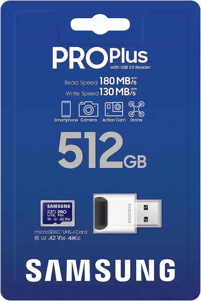 Tarjeta De Memoria Samsung Pro Plus 512 Gb Hasta 180 Mb/s + Lector Usb