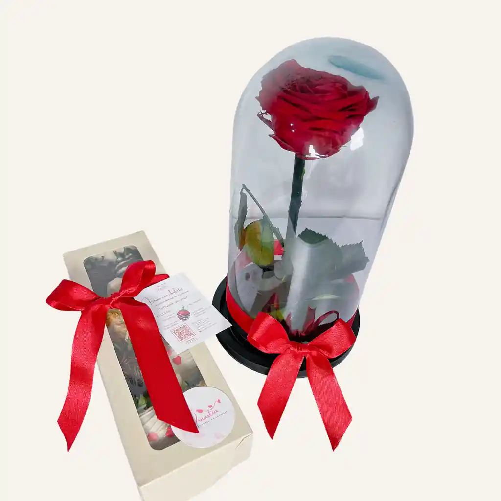 Combo De Cupula De Rosa Eterna Roja De 30 Cm +caja X 8 Fresas Con Chocolate