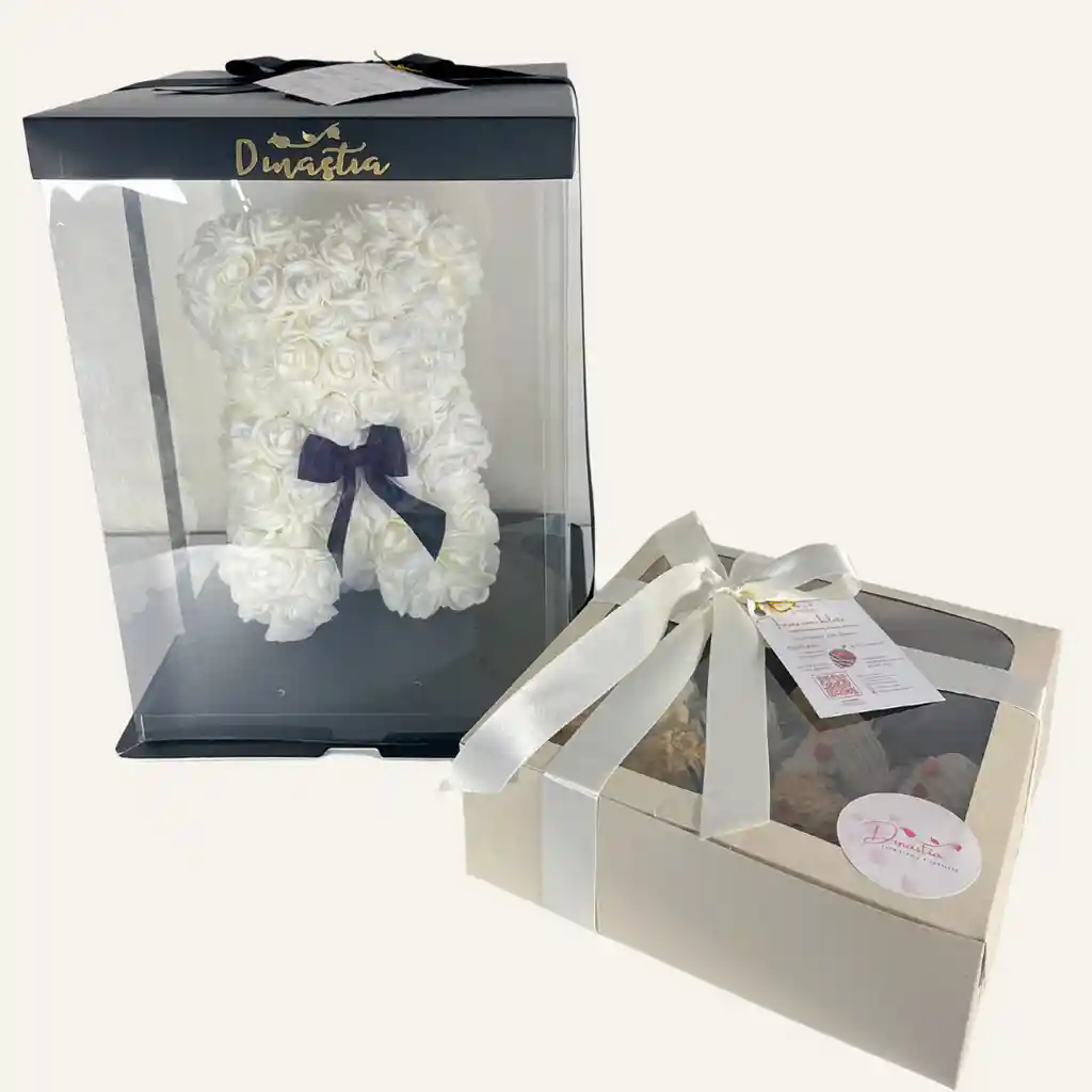 Caja X 16 Fresas Con Chocolate Mas Oso De Rosas Eternnas Color Blanco