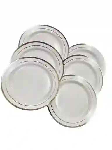 Plato Plástico Postrero Desechable Blanco Con Borde Plateado, Plato Elegante, Plato De Lujo